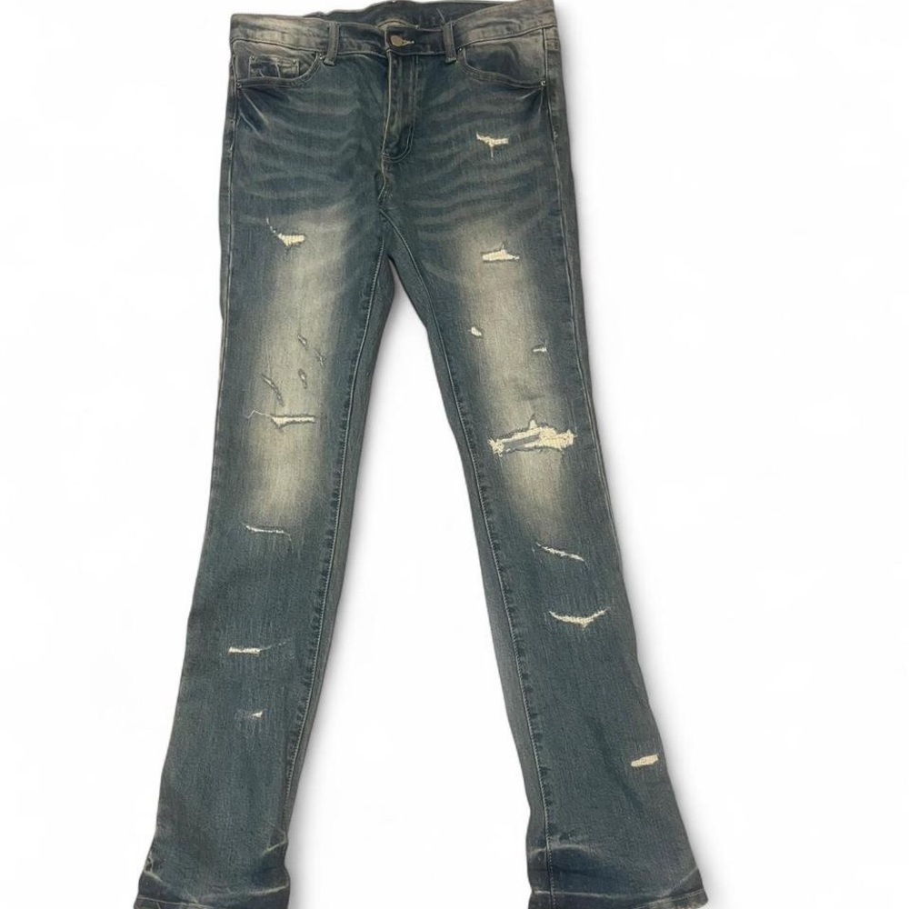 MNML Men's Slim Straight‎ Distressed Stacked Jeans with zipper- Washed Blue